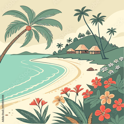 Idyllic tropical island scene with palm trees and flowers