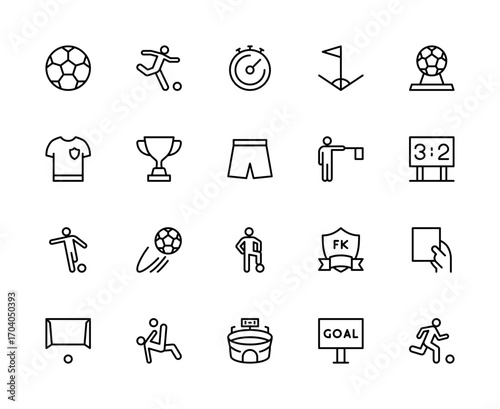 Football related vector linear icons set. Contains such icons as soccer, player, ball, gate, judge, card, scoreboard, uniform, shirt, shorts, cup, trophy, timer, stopwatch stadium and more.