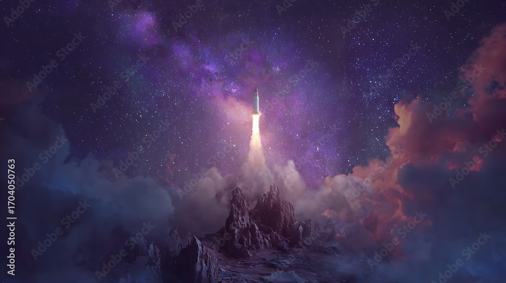 Obraz premium Rocket ascends from cliffside pad into a magical galaxy