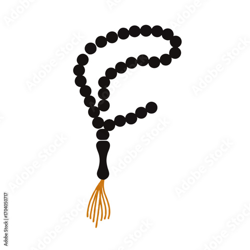 Traditional black Islamic prayer beads, a Misbaha with a golden tassel, depicted in a flat vector style.