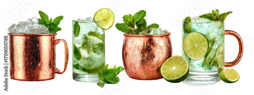 Copper mugs and glasses of cocktails garnished with lime and mint
