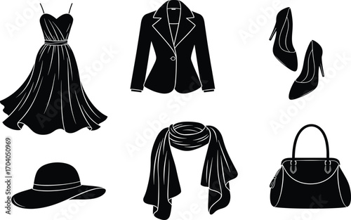Fashion icon set, dress, blazer, high heels, hat, handbag, scarf, vector women’s clothing and accessory concept design