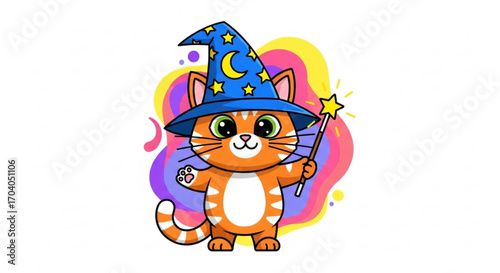 Illustration of a cute cartoon cat wearing a wizard hat and holding a magic wand, the cat is orange and white