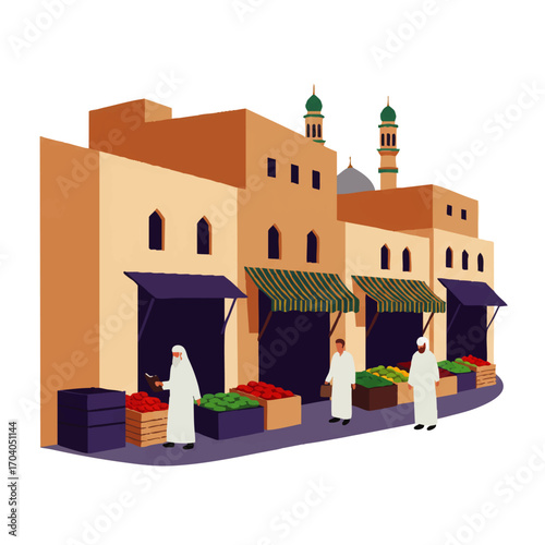 Traditional Middle Eastern bazaar with people in white robes shopping at fruit and vegetable stalls.