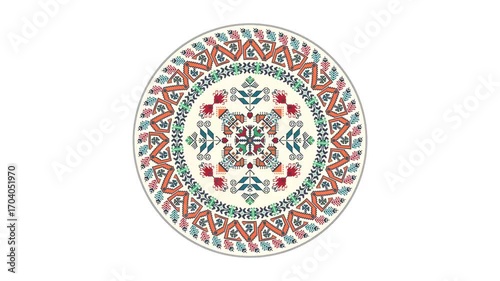 Bulgarian embroidery design element rotating in loop over white background