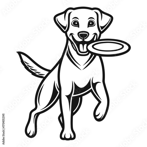 Joyful dog illustration holds frisbee in its mouth during the play in black and white