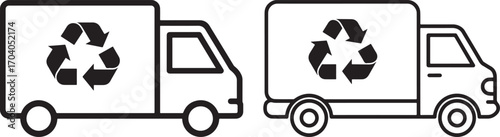 Two recycling trucks with recycle symbol silhouette