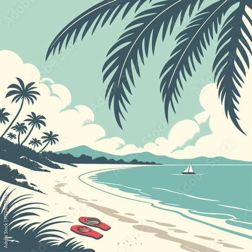 Tropical beach with palm trees, sailboat, and flipflops