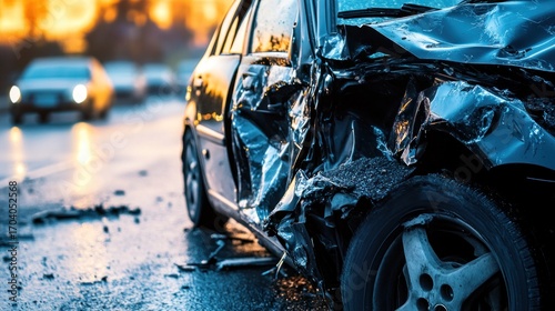 Damaged car after traffic accident at dusk on a wet road