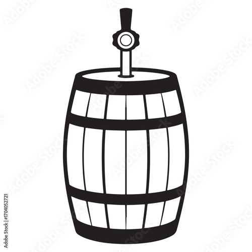 Black and white illustration of a wooden beer barrel with a tap