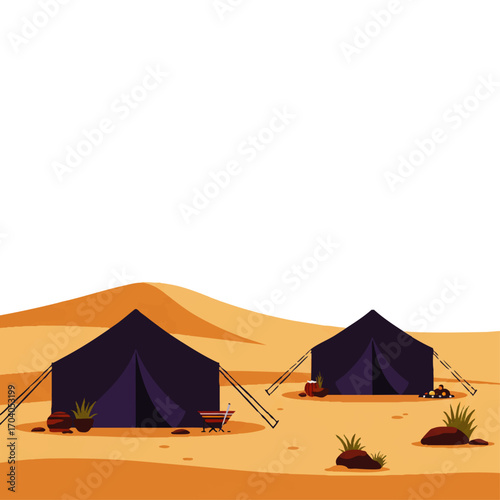 Two Dark Blue Tents Set Up in a Desert Landscape Illustration