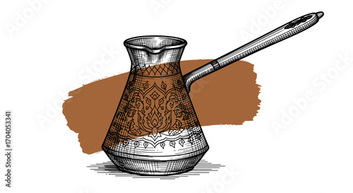 Black and white engraving sketch of cezve Turkish coffee pot on warm brown brush stroke, isolated on white background, vintage etching vector illustration