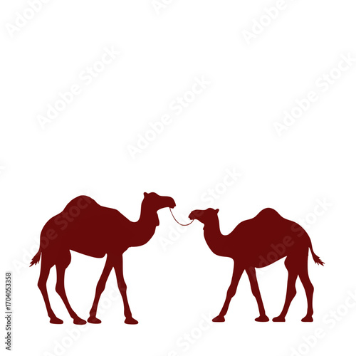 Two dark red dromedary camel silhouettes standing face to face, connected by a single thin rope.