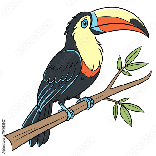Cartoon toucan bird with large beak on a branch