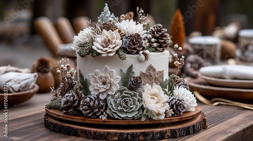 A rustic birthday celebration with a woodsy theme, featuring a cake with floral decorations and natural elements like pinecones and wildflowers