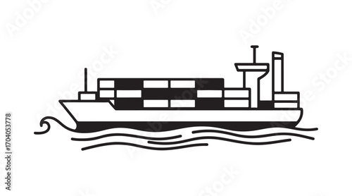 A clear illustration of a shipping container boat moving across the sea. A plain black and white image.