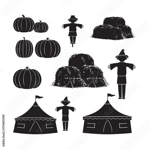 Halloween harvest festival silhouette collection with pumpkins scarecrows and tents
