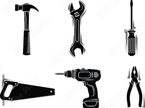 Hand tool icon set, hammer, wrench, screwdriver, saw, power drill, pliers, vector construction and DIY repair concept design