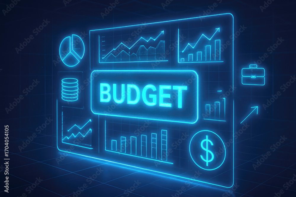 Fototapeta premium Futuristic Digital Dashboard with Budget Data, Graphs, and Financial Icons in Neon Blue finance business