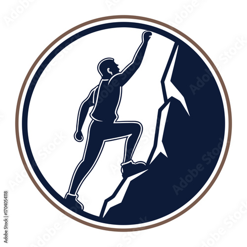 Silhouette of climber ascending jagged mountain inside circular frame shows resilience and progress