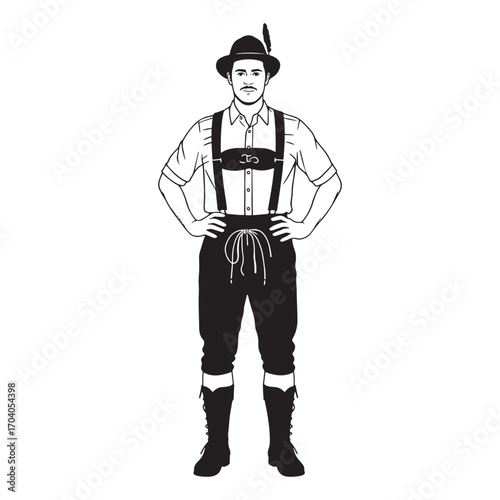 Man in traditional bavarian lederhosen and hat standing confidently