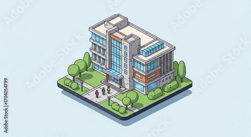 Isometric view of a modern school building illustration on a light blue background, showcasing architecture, education, and community in a vibrant setting