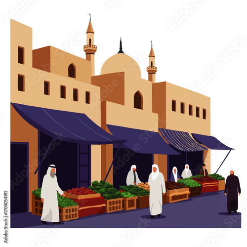 Illustration of a traditional Middle Eastern souk with vendors and shoppers in an old city.