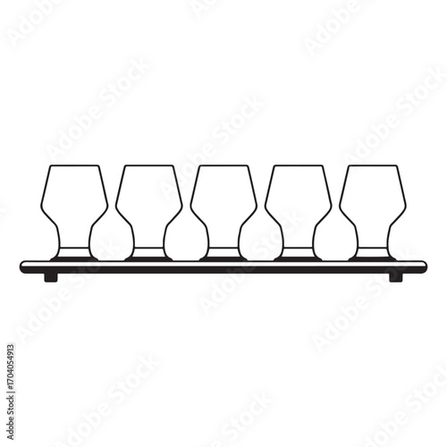 Row of empty tulip shaped beer glasses on a wooden tasting paddle