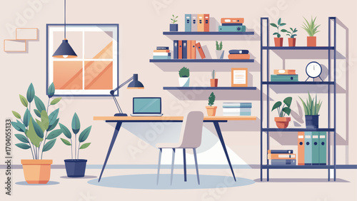 Chic minimalist study with white walls, floating bookshelf, metal-frame desk, and a small indoor plant, blending simplicity and functionality for productive work.