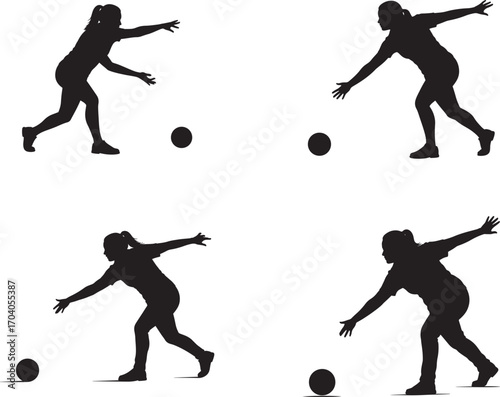 Four silhouettes of women bowling silhouette