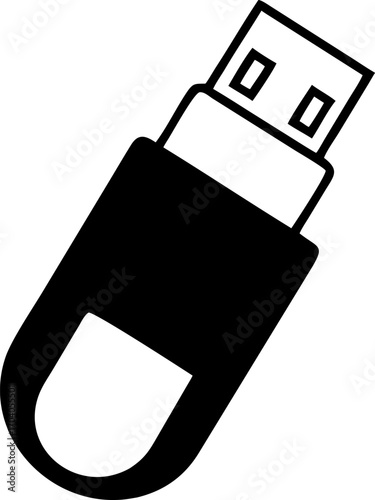 Simple black and white illustration of a USB flash drive, representing data storage, digital technology, and electronic devices for computer use and file transfer