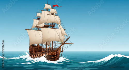 Illustration of a majestic galleon sailing on the high seas, its sails billowing in the wind, against a backdrop of clear blue sky and gentle waves