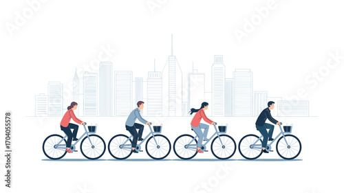 Eco-Friendly Commute: Four Individuals Biking in the City Against a Skyline Backdrop, Promoting Health and Sustainable Urban Living.