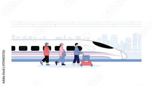 Travelers Boarding High-Speed Train for Urban Destination, Stylish Illustration of Cityscape and Commuting, Promoting Sustainable Transportation and Modern Railway Infrastructure