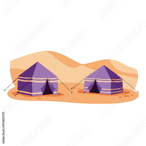 Two Purple Tents with Beige Stripes in Desert Landscape Illustration