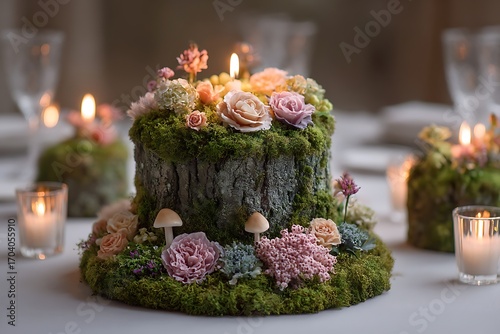 A rustic woodland birthday with a moss-covered cake surrounded by edible flowers and soft lighting, evoking a fairy tale feel