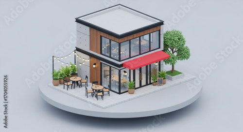 Isometric view of a modern cafe with outdoor seating, plants, and string lights, creating a cozy and inviting atmosphere
