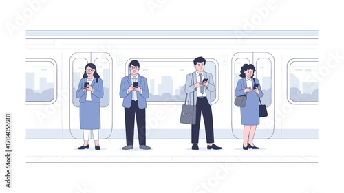 Commuting Passengers on Subway Train Using Smartphones, Business People in Formal Wear Traveling in Public Transport, Modern Urban Lifestyle Illustration