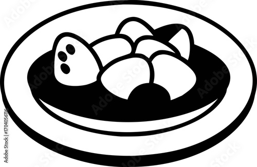A simple black and white vector icon illustration of a delicious plate of gnocchi or dumplings in sauce, a minimal food graphic