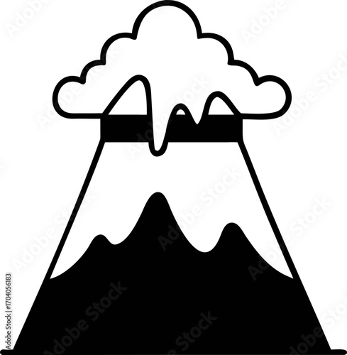 Simple black and white line art illustration of a volcanic mountain erupting with a cloud of smoke