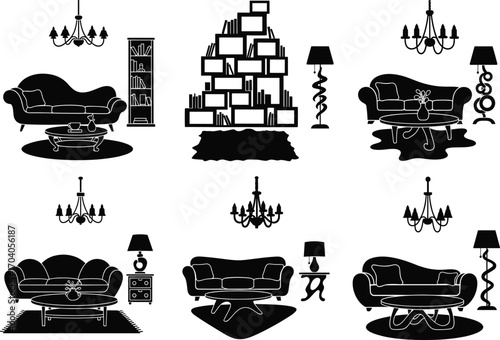 Living room icon set, sofa, chandelier, coffee table, bookshelf, floor lamp, decor elements, vector home interior concept design