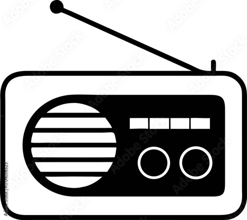 Simple black and white vector icon of a retro portable radio. Classic broadcast receiver graphic for music and communication