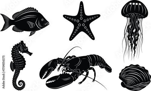 Marine life illustration set, fish, starfish, jellyfish, seahorse, lobster, clam shell icons, vector ocean nature biology concept