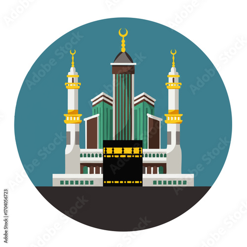 Vector Illustration of the Kaaba with Mosque and Minarets, Islamic Symbol