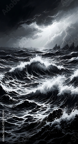 Dramatic seascape depicting a stormy ocean with towering waves, dark, ominous clouds, and a distant lightning strike illuminating the turbulent waters, conveying a sense of power, chaos, and the raw f