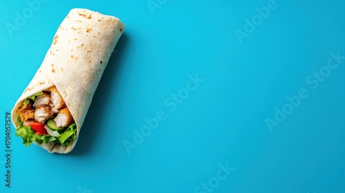 Crispy chicken wrap on turquoise background