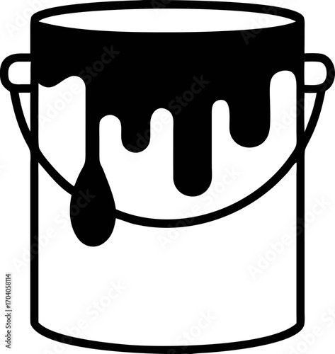 Simple paint bucket icon with overflowing drips, a black line art graphic design element. Vector drawing for home improvement jobs