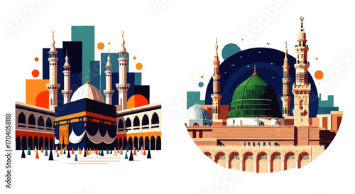 Vibrant flat vector illustration of Kaaba, Mecca, and Green Dome, Medina, iconic Islamic mosques.