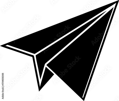 Black paper airplane vector icon. Minimalist folded paper plane silhouette graphic for travel, messaging, and freedom concepts