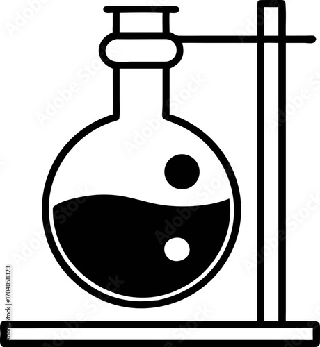 Minimalist black and white icon of a scientific experiment in a laboratory flask. Simple line art vector for chemistry and research concepts